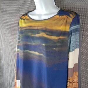 Clover Canyon Top Small Multicolor Long Sleeve Graphic Print Blouse Split Back